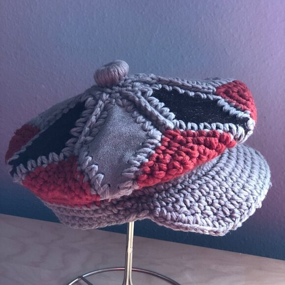 Vintage Knitali Crochet Wool Leather Newsboy Cap - Made in Italy - Picture 1 of 8